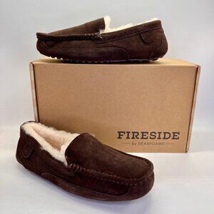 Fireside by Dearfoams Melbourne Genuine Shearling MocSlippers Sz 10 Coffee Brown